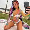 image:imageSexy Rainbow Fishnet Cover up Dress Stretchy Swimsuit for Women Fishnet Bodysuit Sheer Mesh Bodycon Lingerie SleepwearRainbow Shorts Set