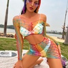 image:imageSexy Rainbow Fishnet Cover up Dress Stretchy Swimsuit for Women Fishnet Bodysuit Sheer Mesh Bodycon Lingerie SleepwearRainbow Skirt Set