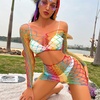 image:imageSexy Rainbow Fishnet Cover up Dress Stretchy Swimsuit for Women Fishnet Bodysuit Sheer Mesh Bodycon Lingerie SleepwearRainbow Skirt Set