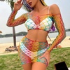image:imageSexy Rainbow Fishnet Cover up Dress Stretchy Swimsuit for Women Fishnet Bodysuit Sheer Mesh Bodycon Lingerie SleepwearRainbow Skirt Set