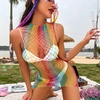 image:imageSexy Rainbow Fishnet Cover up Dress Stretchy Swimsuit for Women Fishnet Bodysuit Sheer Mesh Bodycon Lingerie SleepwearRainbow Sleeveless