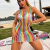 image:imageSexy Rainbow Fishnet Cover up Dress Stretchy Swimsuit for Women Fishnet Bodysuit Sheer Mesh Bodycon Lingerie SleepwearRainbow Sleeveless Lace