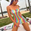 image:imageSexy Rainbow Fishnet Cover up Dress Stretchy Swimsuit for Women Fishnet Bodysuit Sheer Mesh Bodycon Lingerie SleepwearRainbow Tube Dress