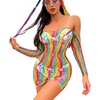 image:imageSexy Rainbow Fishnet Cover up Dress Stretchy Swimsuit for Women Fishnet Bodysuit Sheer Mesh Bodycon Lingerie SleepwearRainbow Off Shoulder