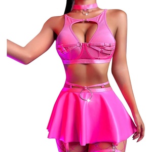 image:imageIDOPIP Rave Outfits for Women Sexy Shiny Metallic Festival Halloween Costume Holographic Bikini Skirt Music Party ClubwearHot Pink