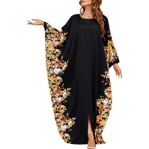 image:imageIDOPIP Abayas for Women Muslim Ramadan Dress Long Sleeve Floral Maxi Moroccan Kaftan Dress Loose Islamic Dubai Pakistani RobeBlack