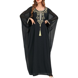 image:imageIDOPIP Abayas for Women Muslim Ramadan Dress Long Sleeve Floral Maxi Moroccan Kaftan Dress Loose Islamic Dubai Pakistani RobeBlack Tassel