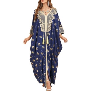 image:imageIDOPIP Abayas for Women Muslim Ramadan Dress Long Sleeve Floral Maxi Moroccan Kaftan Dress Loose Islamic Dubai Pakistani RobeDark Blue