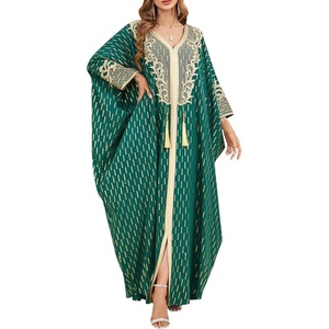 image:imageIDOPIP Abayas for Women Muslim Ramadan Dress Long Sleeve Floral Maxi Moroccan Kaftan Dress Loose Islamic Dubai Pakistani RobeGreen Tassel