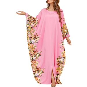 image:imageIDOPIP Abayas for Women Muslim Ramadan Dress Long Sleeve Floral Maxi Moroccan Kaftan Dress Loose Islamic Dubai Pakistani RobePink