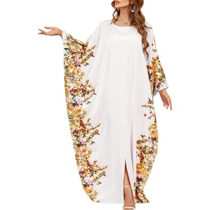 image:imageIDOPIP Abayas for Women Muslim Ramadan Dress Long Sleeve Floral Maxi Moroccan Kaftan Dress Loose Islamic Dubai Pakistani RobeWhite