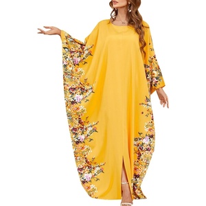 image:imageIDOPIP Abayas for Women Muslim Ramadan Dress Long Sleeve Floral Maxi Moroccan Kaftan Dress Loose Islamic Dubai Pakistani RobeYellow