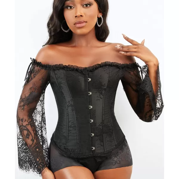 SZIVYSHI Corset Tops for Women with Sleeves Bustier Overbust Lace Up Bodice LingerieBlack