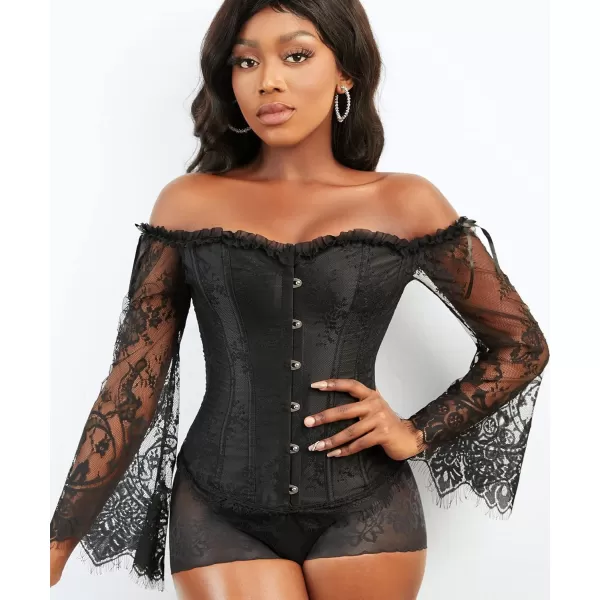 SZIVYSHI Corset Tops for Women with Sleeves Bustier Overbust Lace Up Bodice LingerieBlack