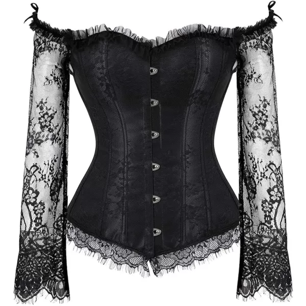 SZIVYSHI Corset Tops for Women with Sleeves Bustier Overbust Lace Up Bodice LingerieBlack Corset With Ruffled Skirt