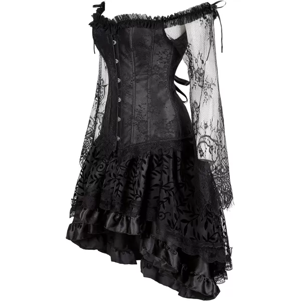 SZIVYSHI Corset Tops for Women with Sleeves Bustier Overbust Lace Up Bodice LingerieBlack Corset With Ruffled Skirt
