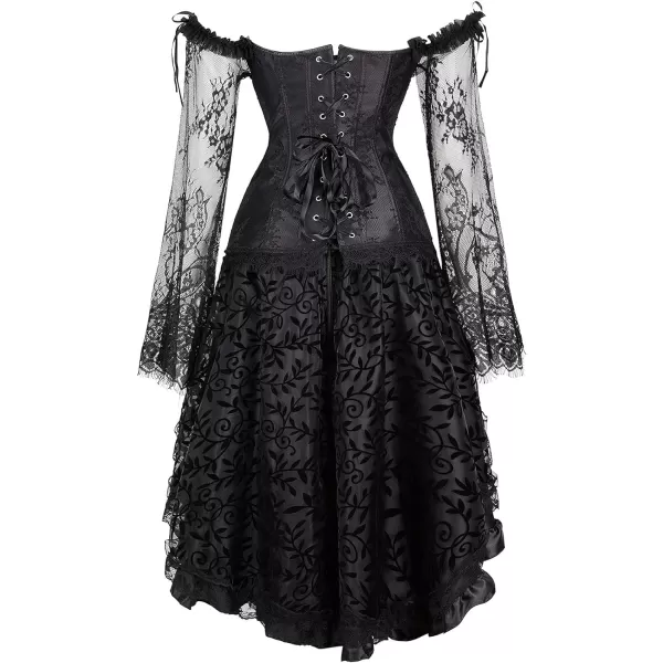 SZIVYSHI Corset Tops for Women with Sleeves Bustier Overbust Lace Up Bodice LingerieBlack Corset With Ruffled Skirt