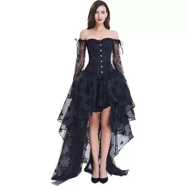 SZIVYSHI Corset Tops for Women with Sleeves Bustier Overbust Lace Up Bodice LingerieBlack Corset With Skirt