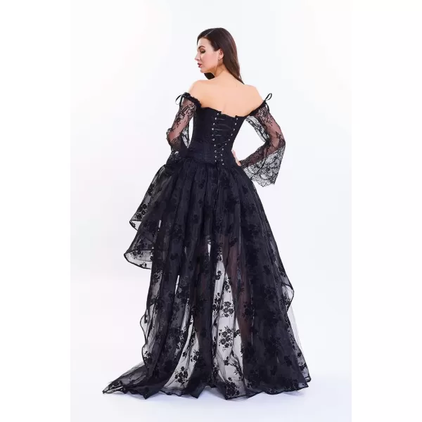 SZIVYSHI Corset Tops for Women with Sleeves Bustier Overbust Lace Up Bodice LingerieBlack Corset With Skirt