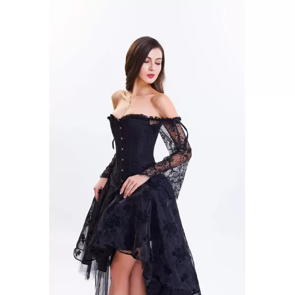 SZIVYSHI Corset Tops for Women with Sleeves Bustier Overbust Lace Up Bodice LingerieBlack Corset With Skirt