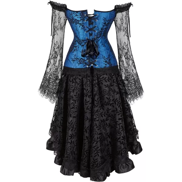 SZIVYSHI Corset Tops for Women with Sleeves Bustier Overbust Lace Up Bodice LingerieBlue Corset With Ruffled Skirt