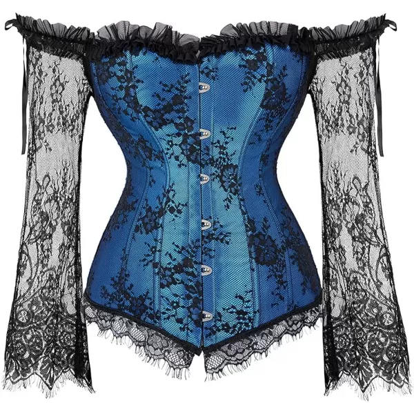 SZIVYSHI Corset Tops for Women with Sleeves Bustier Overbust Lace Up Bodice LingerieBlue Corset With Ruffled Skirt