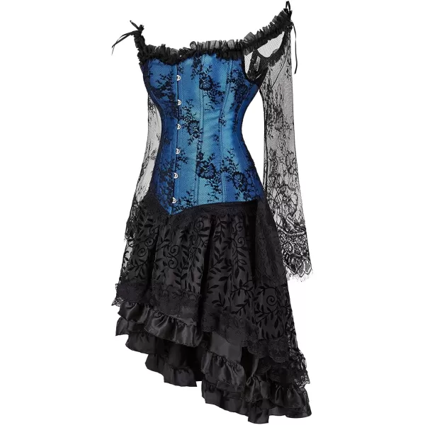 SZIVYSHI Corset Tops for Women with Sleeves Bustier Overbust Lace Up Bodice LingerieBlue Corset With Ruffled Skirt