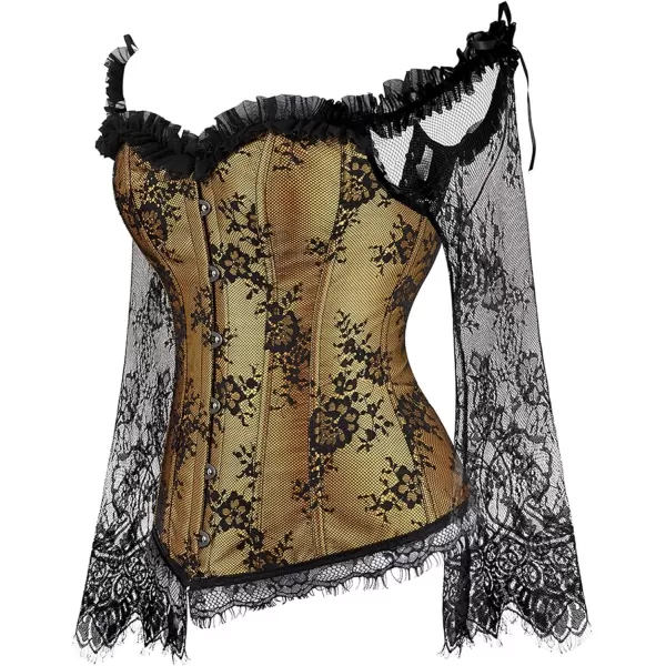 SZIVYSHI Corset Tops for Women with Sleeves Bustier Overbust Lace Up Bodice LingerieGold