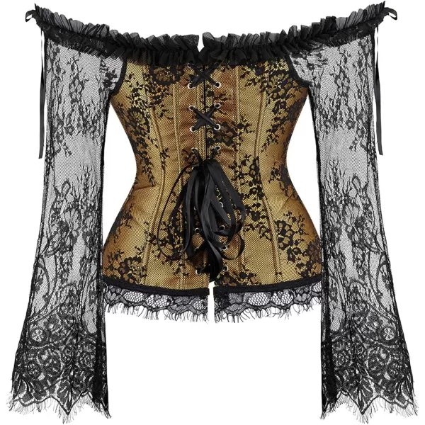 SZIVYSHI Corset Tops for Women with Sleeves Bustier Overbust Lace Up Bodice LingerieGold