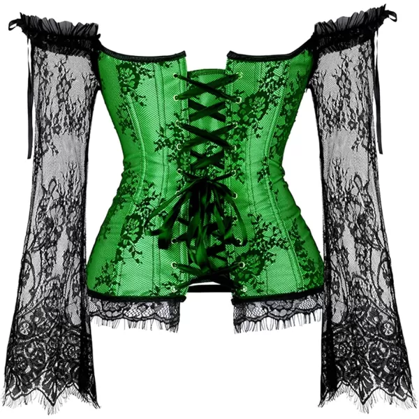 SZIVYSHI Corset Tops for Women with Sleeves Bustier Overbust Lace Up Bodice LingerieGreen