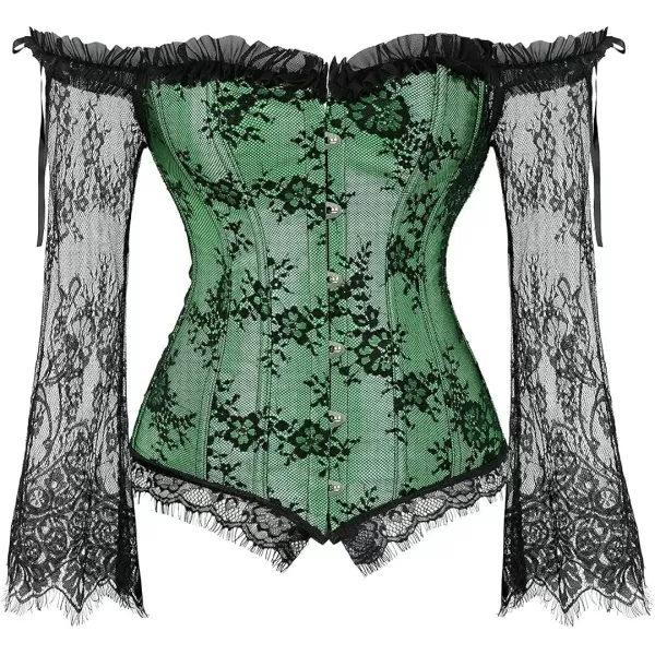 SZIVYSHI Corset Tops for Women with Sleeves Bustier Overbust Lace Up Bodice LingerieGreen Corset With Ruffled Skirt