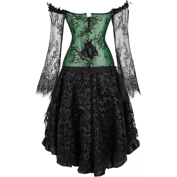SZIVYSHI Corset Tops for Women with Sleeves Bustier Overbust Lace Up Bodice LingerieGreen Corset With Ruffled Skirt