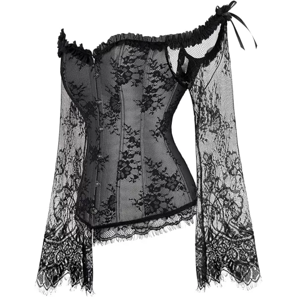 SZIVYSHI Corset Tops for Women with Sleeves Bustier Overbust Lace Up Bodice LingerieGrey
