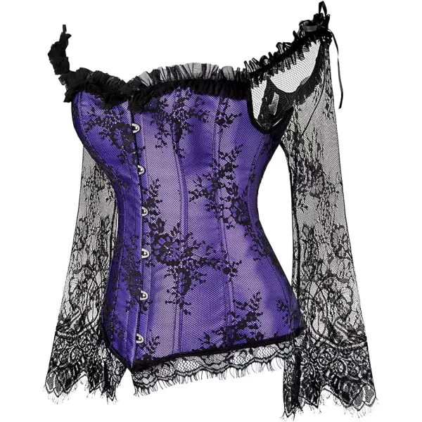 SZIVYSHI Corset Tops for Women with Sleeves Bustier Overbust Lace Up Bodice LingeriePurple