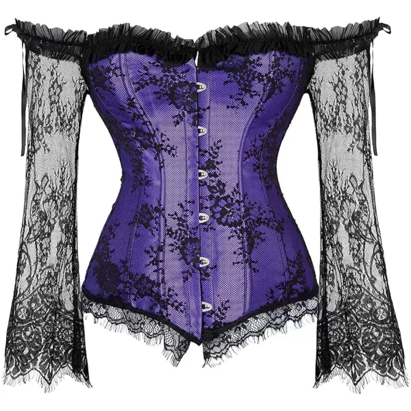SZIVYSHI Corset Tops for Women with Sleeves Bustier Overbust Lace Up Bodice LingeriePurple Corset With Ruffled Skirt