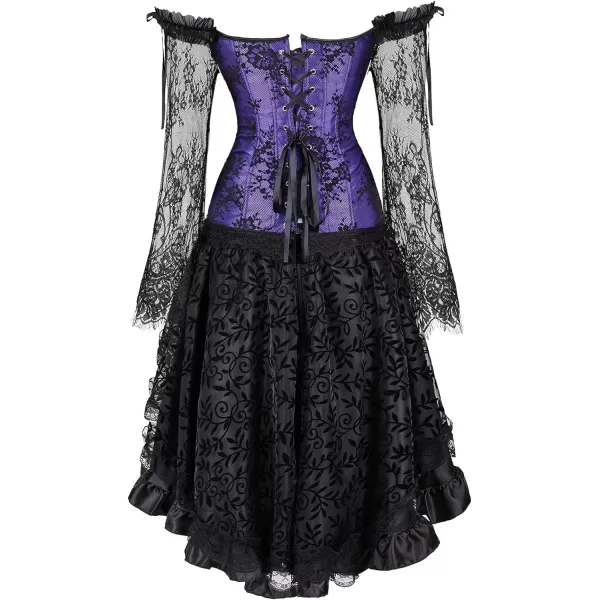 SZIVYSHI Corset Tops for Women with Sleeves Bustier Overbust Lace Up Bodice LingeriePurple Corset With Ruffled Skirt
