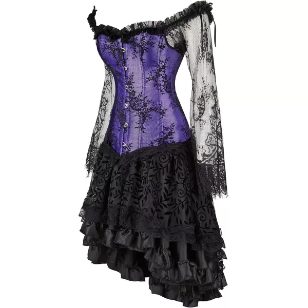 SZIVYSHI Corset Tops for Women with Sleeves Bustier Overbust Lace Up Bodice LingeriePurple Corset With Ruffled Skirt