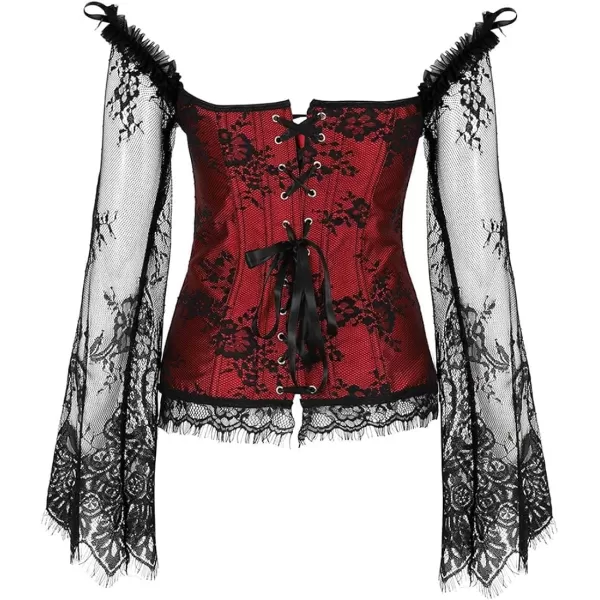 SZIVYSHI Corset Tops for Women with Sleeves Bustier Overbust Lace Up Bodice LingerieRed