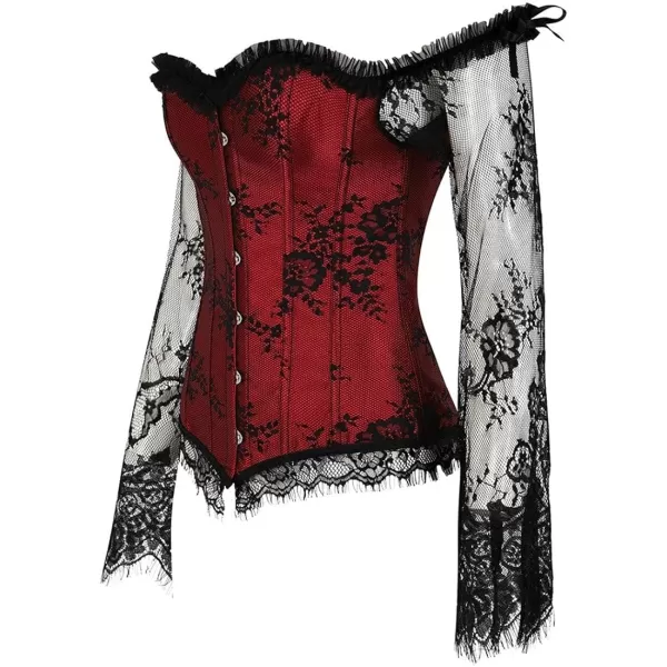 SZIVYSHI Corset Tops for Women with Sleeves Bustier Overbust Lace Up Bodice LingerieRed