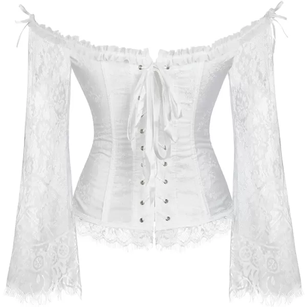 SZIVYSHI Corset Tops for Women with Sleeves Bustier Overbust Lace Up Bodice LingerieWhite