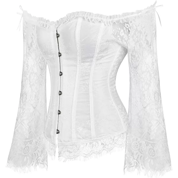 SZIVYSHI Corset Tops for Women with Sleeves Bustier Overbust Lace Up Bodice LingerieWhite