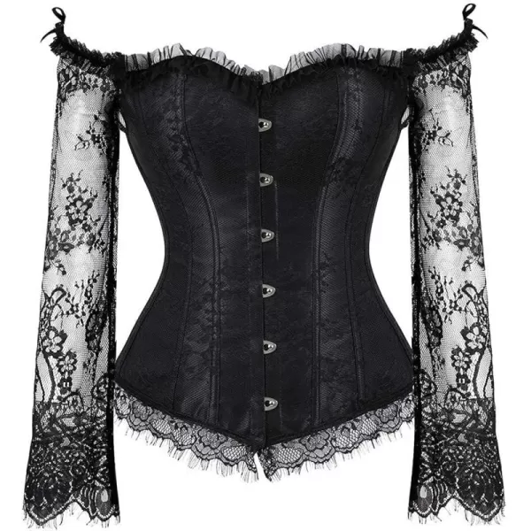 SZIVYSHI Corset Tops for Women with Sleeves Bustier Overbust Lace Up Bodice LingerieBlack