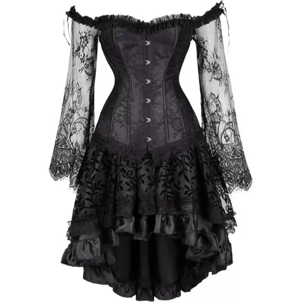 SZIVYSHI Corset Tops for Women with Sleeves Bustier Overbust Lace Up Bodice LingerieBlack Corset With Ruffled Skirt