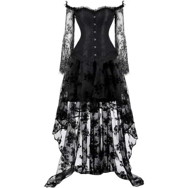 SZIVYSHI Corset Tops for Women with Sleeves Bustier Overbust Lace Up Bodice LingerieBlack Corset With Skirt