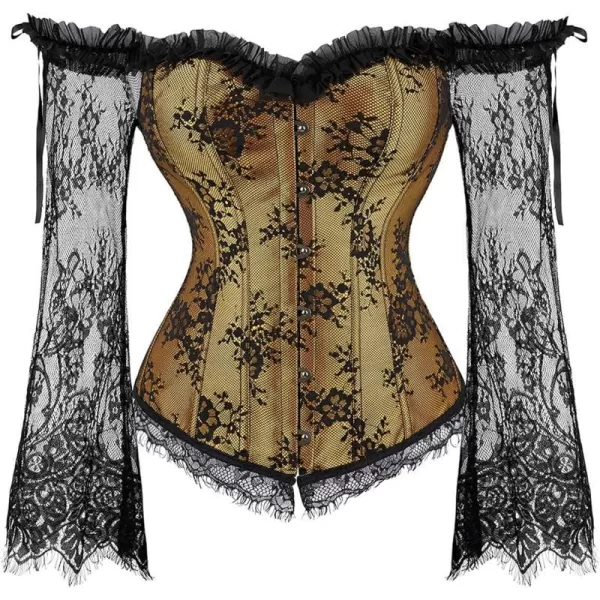 SZIVYSHI Corset Tops for Women with Sleeves Bustier Overbust Lace Up Bodice LingerieGold