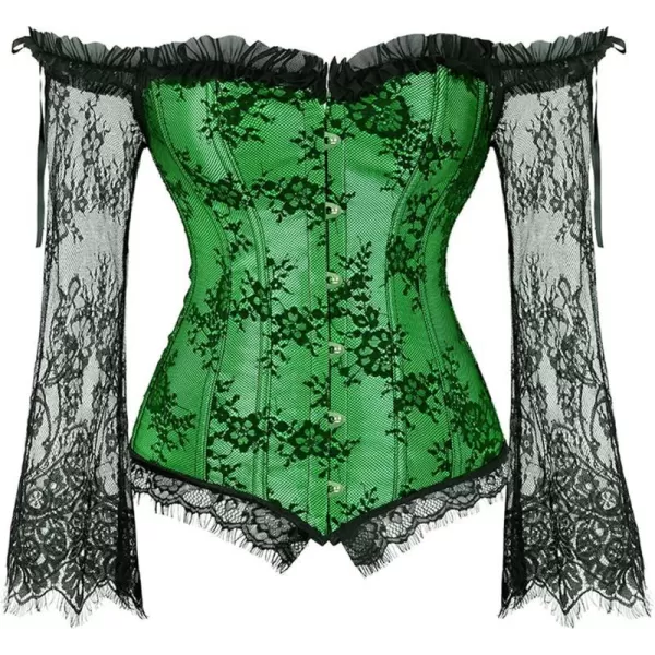 SZIVYSHI Corset Tops for Women with Sleeves Bustier Overbust Lace Up Bodice LingerieGreen