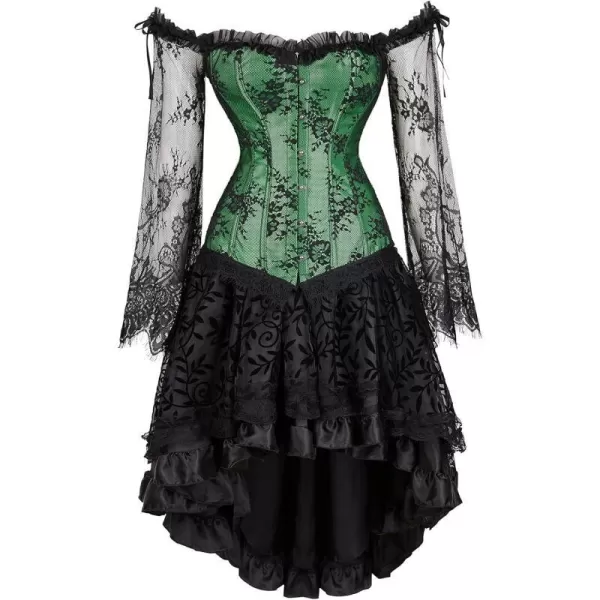 SZIVYSHI Corset Tops for Women with Sleeves Bustier Overbust Lace Up Bodice LingerieGreen Corset With Ruffled Skirt