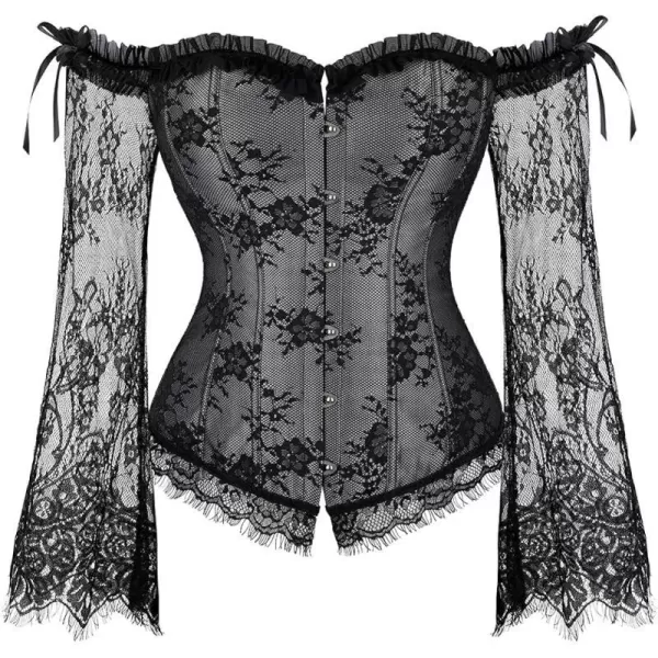 SZIVYSHI Corset Tops for Women with Sleeves Bustier Overbust Lace Up Bodice LingerieGrey