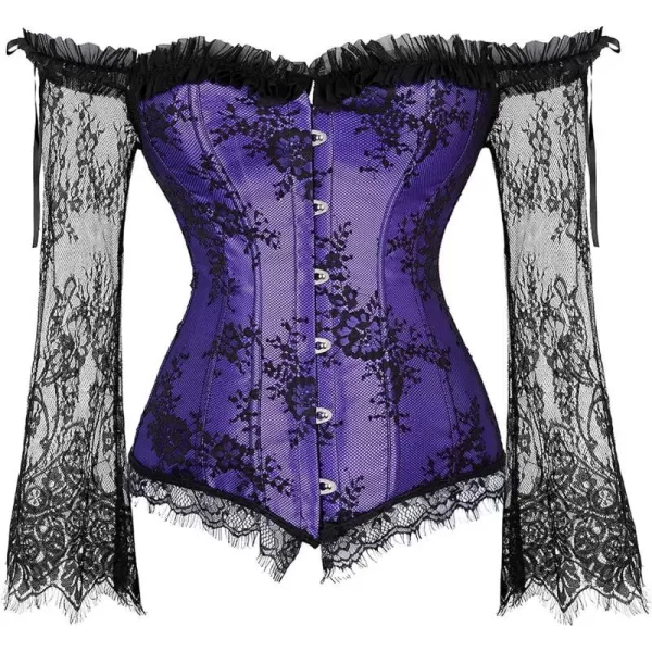 SZIVYSHI Corset Tops for Women with Sleeves Bustier Overbust Lace Up Bodice LingeriePurple