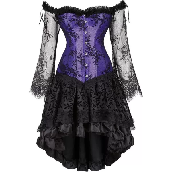 SZIVYSHI Corset Tops for Women with Sleeves Bustier Overbust Lace Up Bodice LingeriePurple Corset With Ruffled Skirt